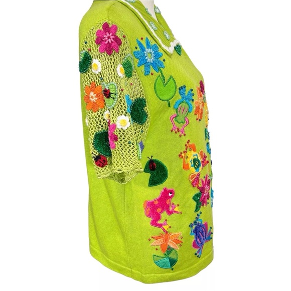 BEREK… FROGS 🐸 Hand designed, embroidery, sequined, lime, green sweater! - Picture 3 of 5